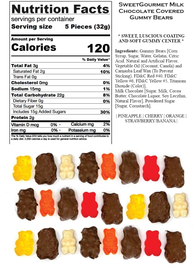 Sweetgourmet Milk Chocolate Covered Gummy Bears | Cherry, Orange, Pineapple, Strawberry/Banana | 1 Pound