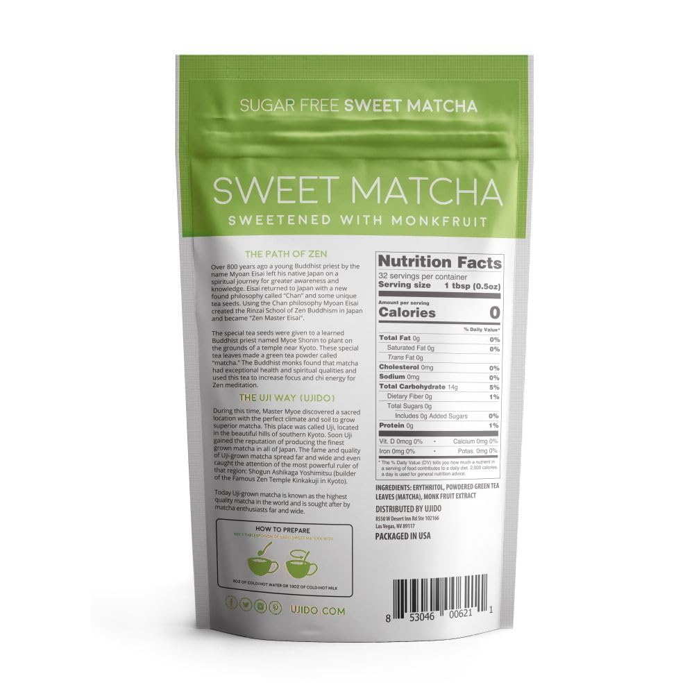 Ujido Sweet Matcha, 16 Oz. - Sugar-Free Ceremonial Grade Japanese Matcha Powder - Sweetened With Monk Fruit & Non-Gmo Erythritol