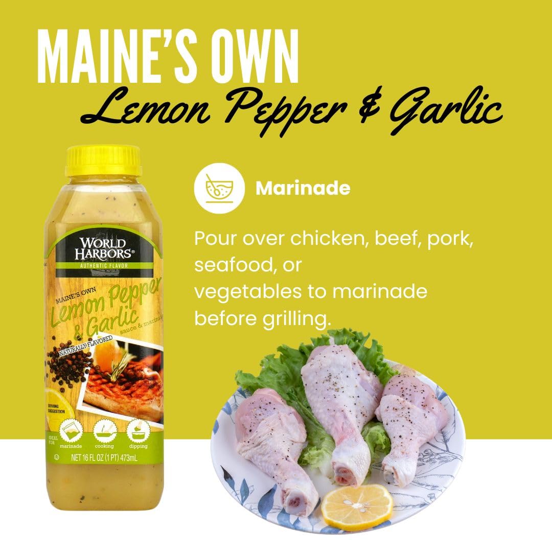World Harbors Lemon Pepper Garlic Sauce & Marinade, Made In Maine, Ideal For Chicken Wings, Seafood, Grilled Meats, Salads, Stir