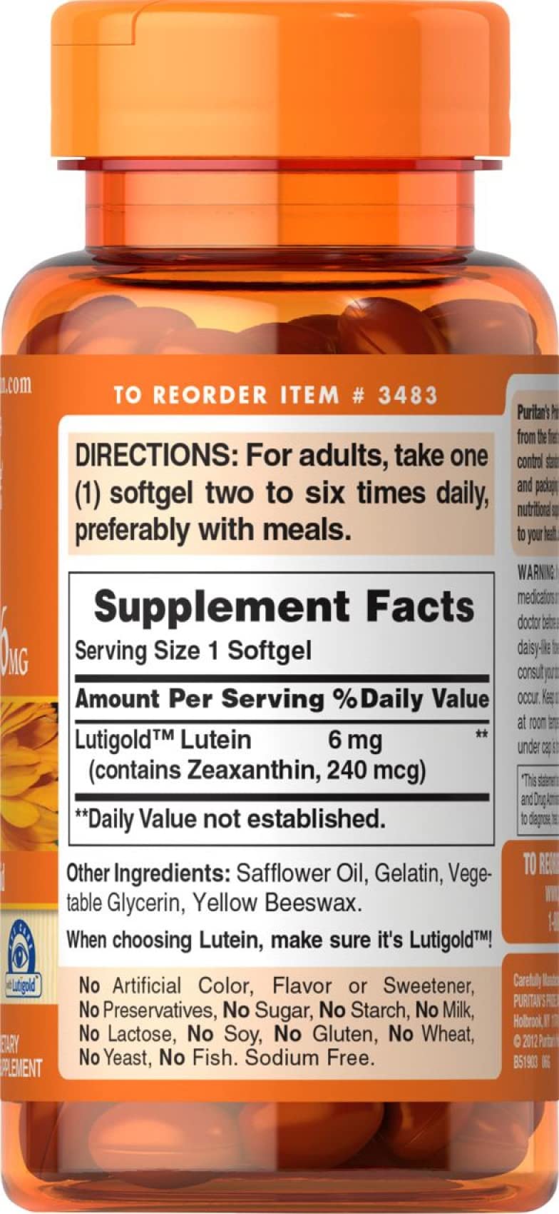Puritans Pride Lutein 6 Mg with Zeaxanthin Supports Eye Health, Softgel, 200 count