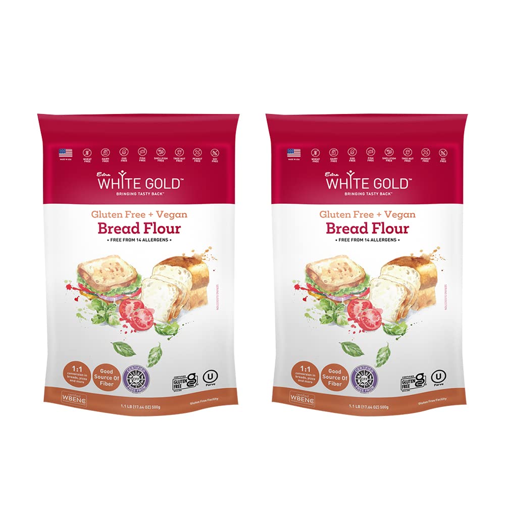 Extra White Gold Gluten Free Bread Flour Blend For Breads Yeasted Pastries Pizza Focaccia - Kosher Vegan Soy Free Nut Free Dairy Free - 1.1 Pound (2 Pack)