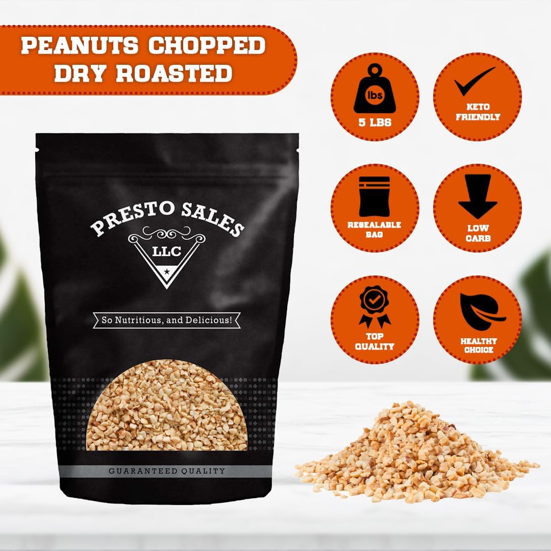 Peanuts, Chopped Dry Roasted No Salt, Usa, Healthy Snack, Dietetic, Sugar-Free, Oil-Free, Protein, Divine Taste, Savory, Packed In A 5 Lbs. (80 Oz.) Resealable Pouch Bag By Presto Sales Llc
