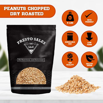 Peanuts, Chopped Dry Roasted No Salt, Usa, Healthy Snack, Dietetic, Sugar-Free, Oil-Free, Protein, Divine Taste, Savory, Packed In A 5 Lbs. (80 Oz.) Resealable Pouch Bag By Presto Sales Llc