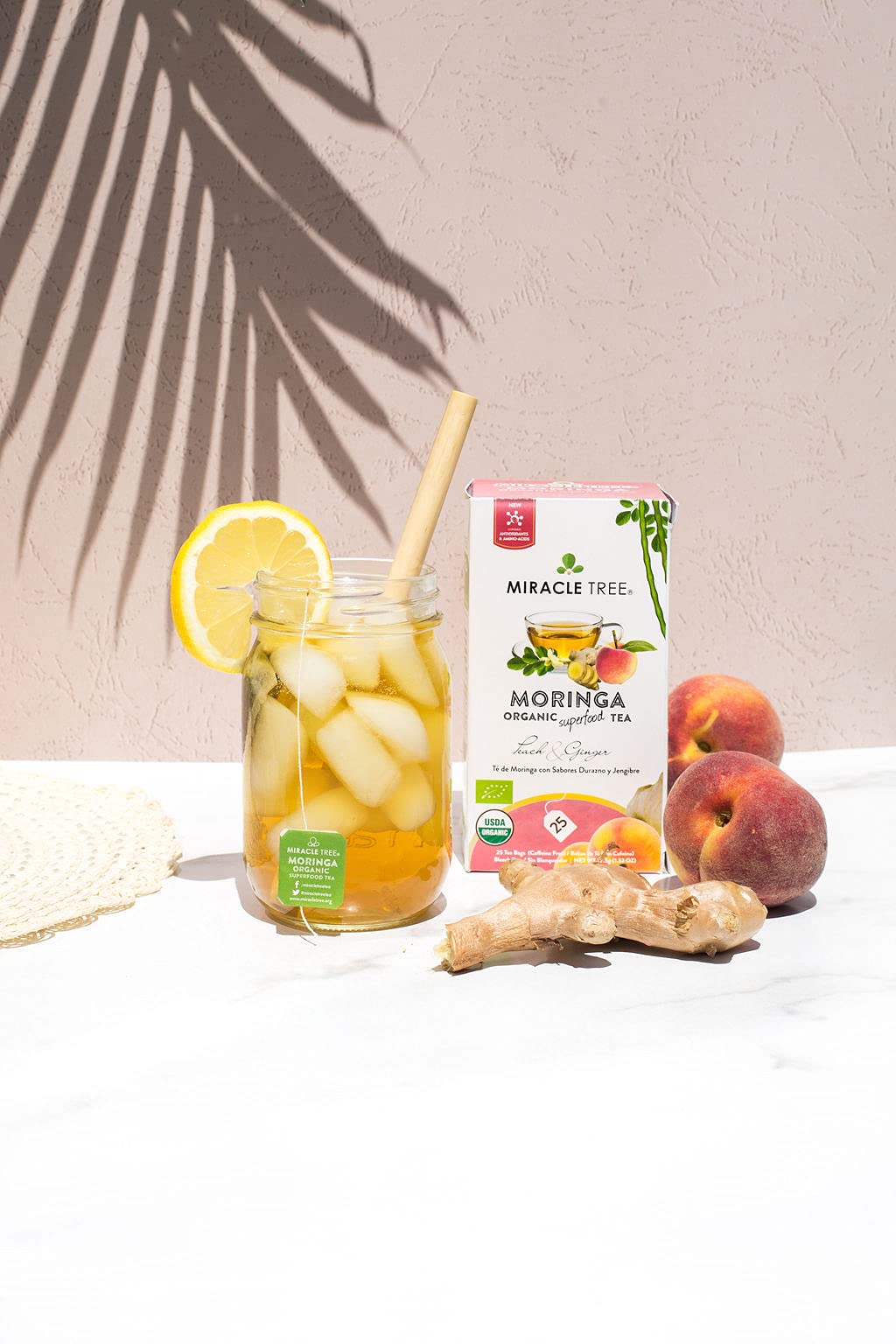 Tree Organic Moringa Superfood Tea - 6 Pack of 25 Sealed Tea Bags, Peach & Ginger, Vegan, Gluten-Free, Caffeine-Free