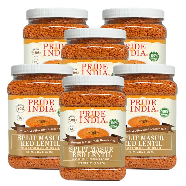 Pride Of India - PACK of 6 - Indian Split Masur Red Lentils - Protein & Fiber Rich Masoor Dal, 3 Pound Jar