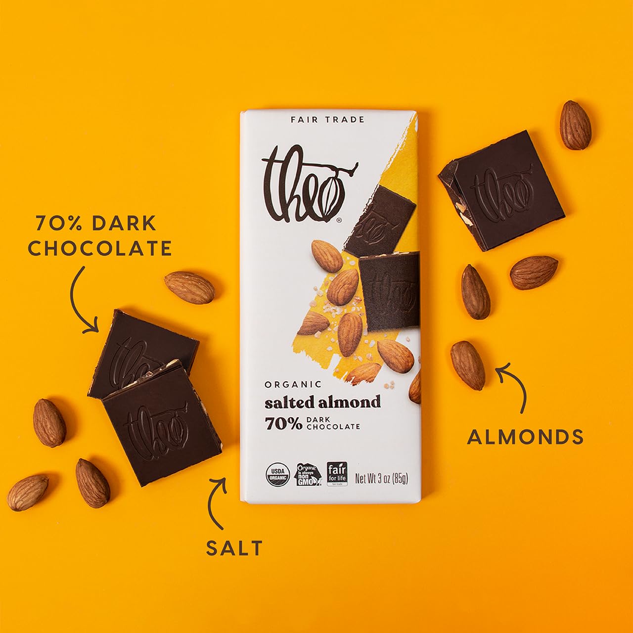 Theo Chocolate Salted Almond Organic Dark Chocolate Bar, 70% Cacao, 12 Pack | Vegan, Fair Trade