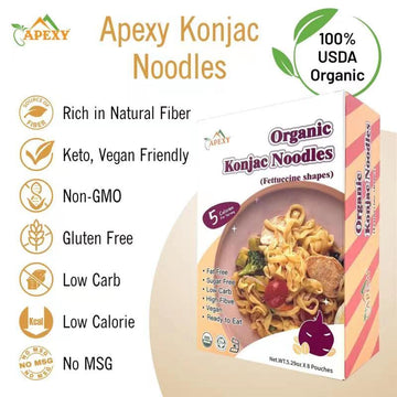 Apexy Organic Shirataki Konjac Noodle with Organic Oat Flour 42.24oz 8 Pouches Inside Healthy Diet, Low Calorie, Low-Carb Gluten