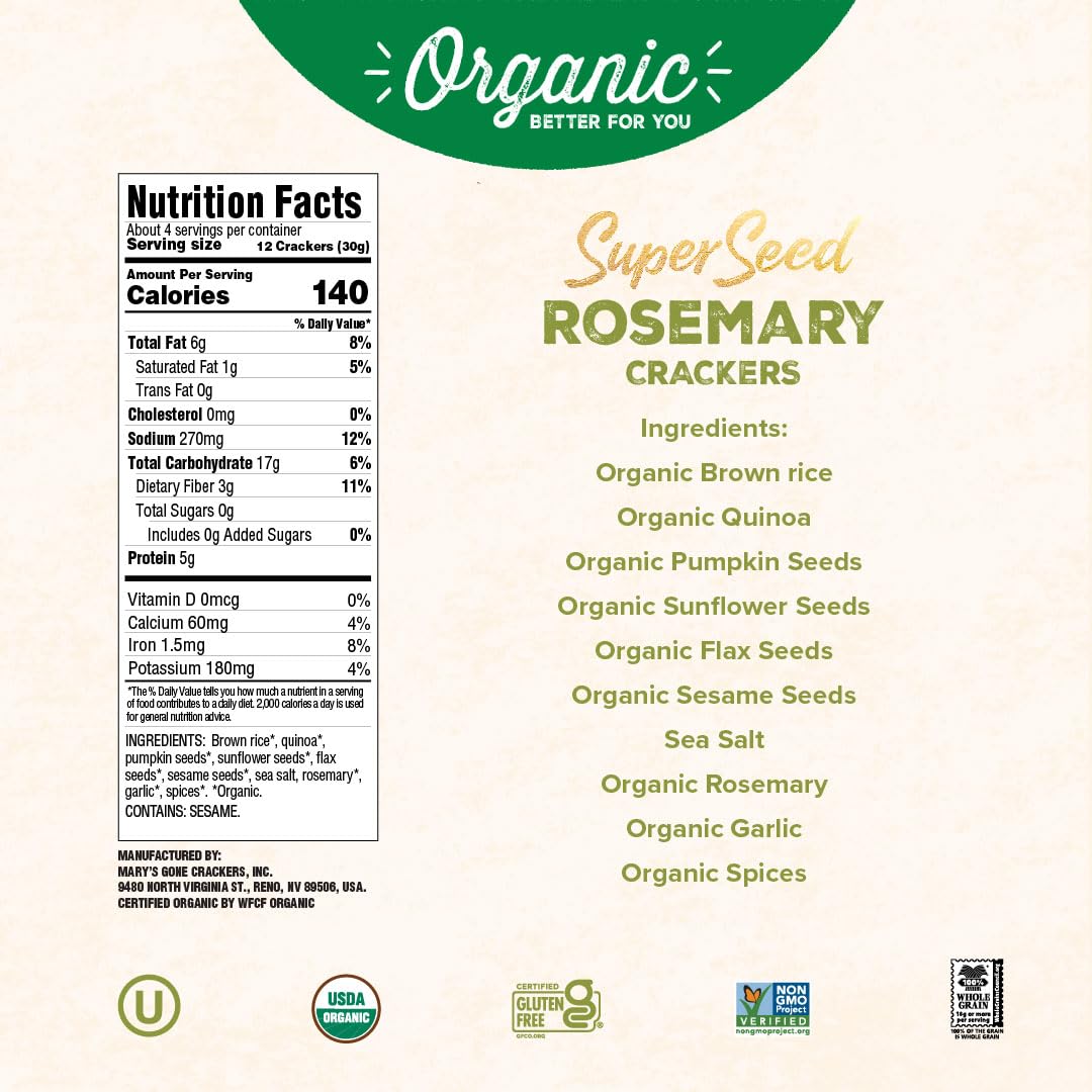 Marys Gone Crackers Super Seed Crackers, Rosemary, 4 Ounce (Pack of 6), Organic Plant Based Protein, Gluten Free