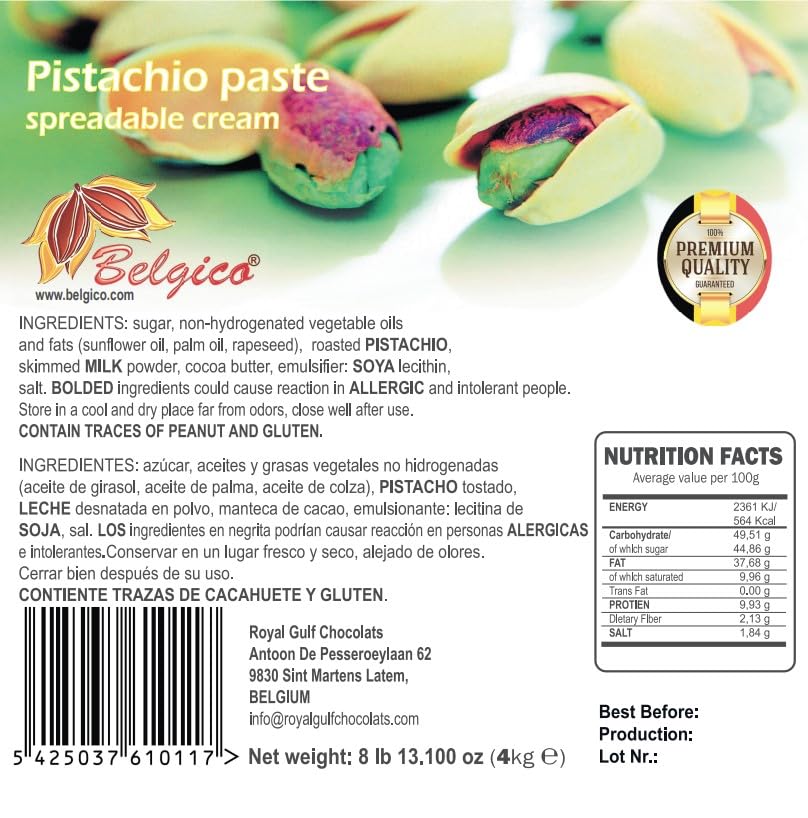 Belgico Premium Pistachio Cream Paste - Bulk 8 Lb 13 Oz (4 Kg) | Gourmet Belgian Spread For Baking, Pastry, Gelato & Desserts |