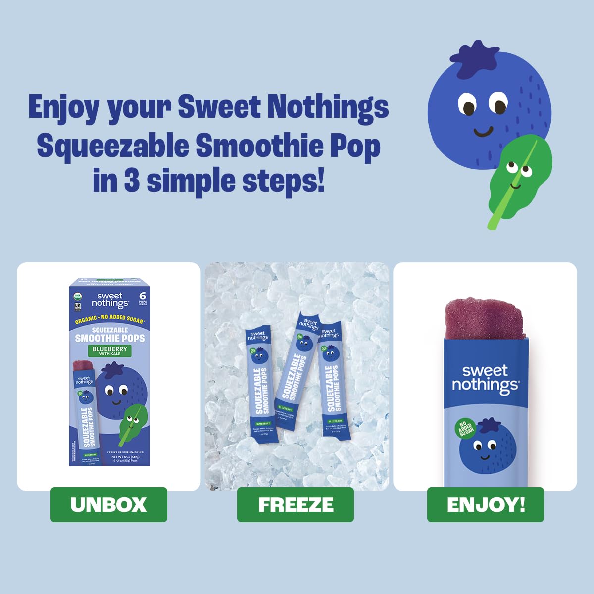 Sweet Nothings, Blueberry, Usda Organic Kids' Squeezable Super Fruit Smoothie Freezie Pops, Value Pack Of 24 - Dye-Free, No Adde
