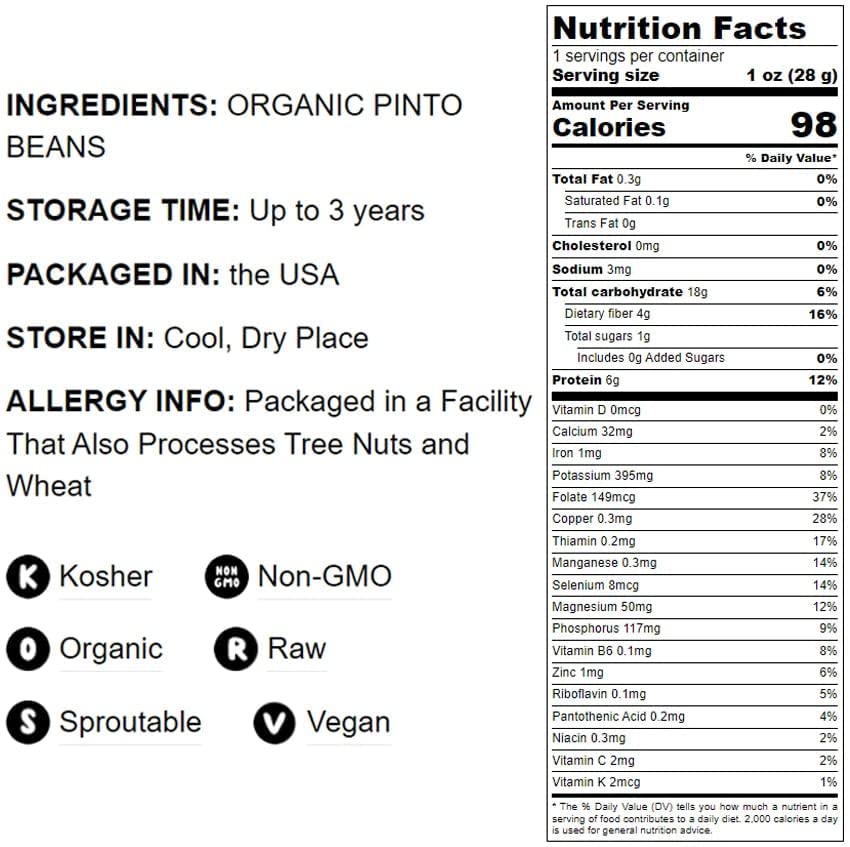 Food to Live Organic Pinto Beans, 1 Pound Non-GMO, Frijioles Pintos, Whole Dried Beans, Sproutable, Vegan, Kosher, Bulk. High in
