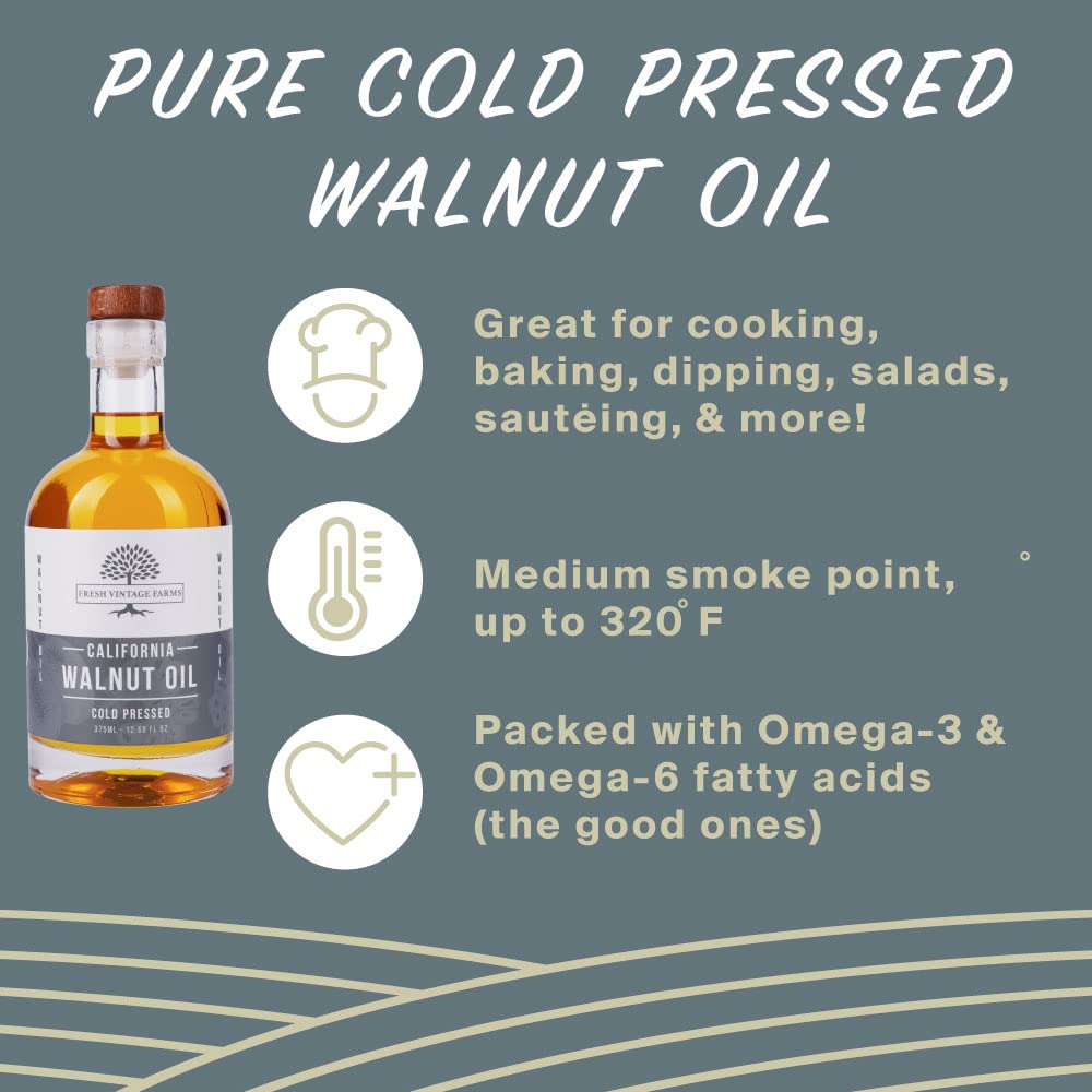 Fresh Vintage Farms, Walnut Oil, Cold Press, California Grown, Great For Cooking, Baking, Grilling, Dipping, & Salads