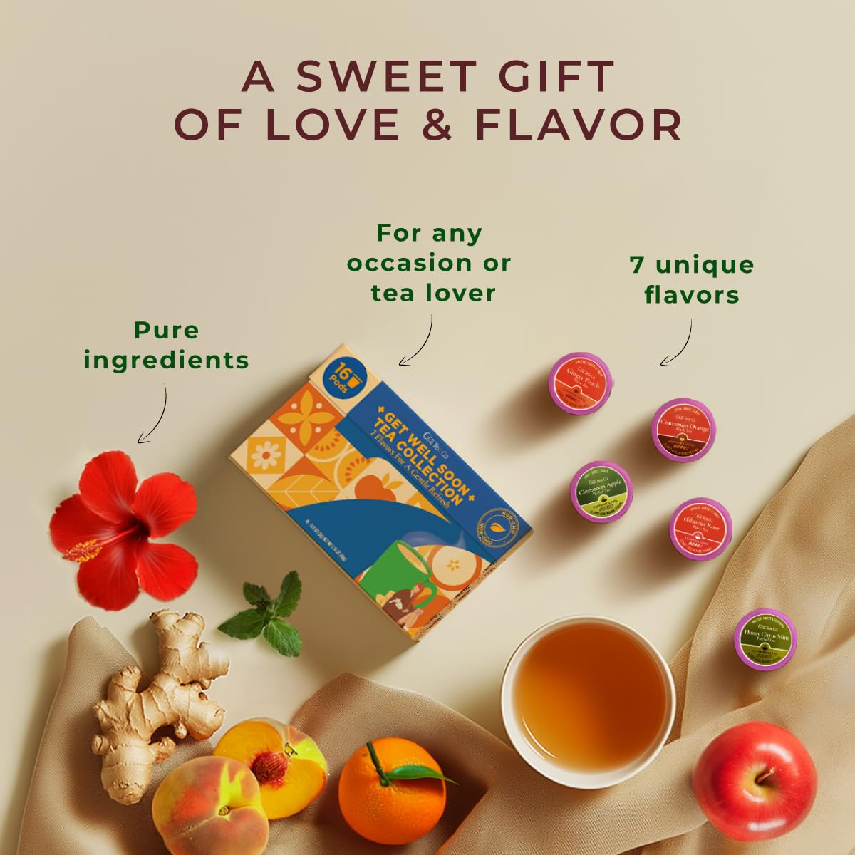 Gya Tea Co Get Well Soon Collection Tea Gift Set (16 Ct) - 7 Flavors Assorted Tea Pod Variety Pack With Hibiscus Rose, Cinnamon