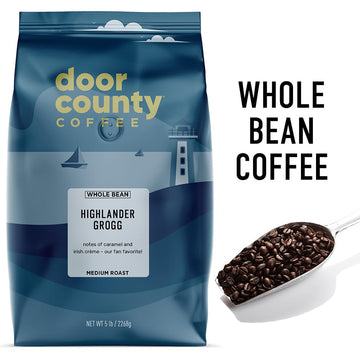 Door County Coffee Highlander Grogg Flavored Coffee Whole Bean | 5 Lb Bag | Flavored Ground Coffee Medium Roast | 100% Specialty Arabica Coffee | Gourmet Coffee | Irish Crème & Caramel Coffee