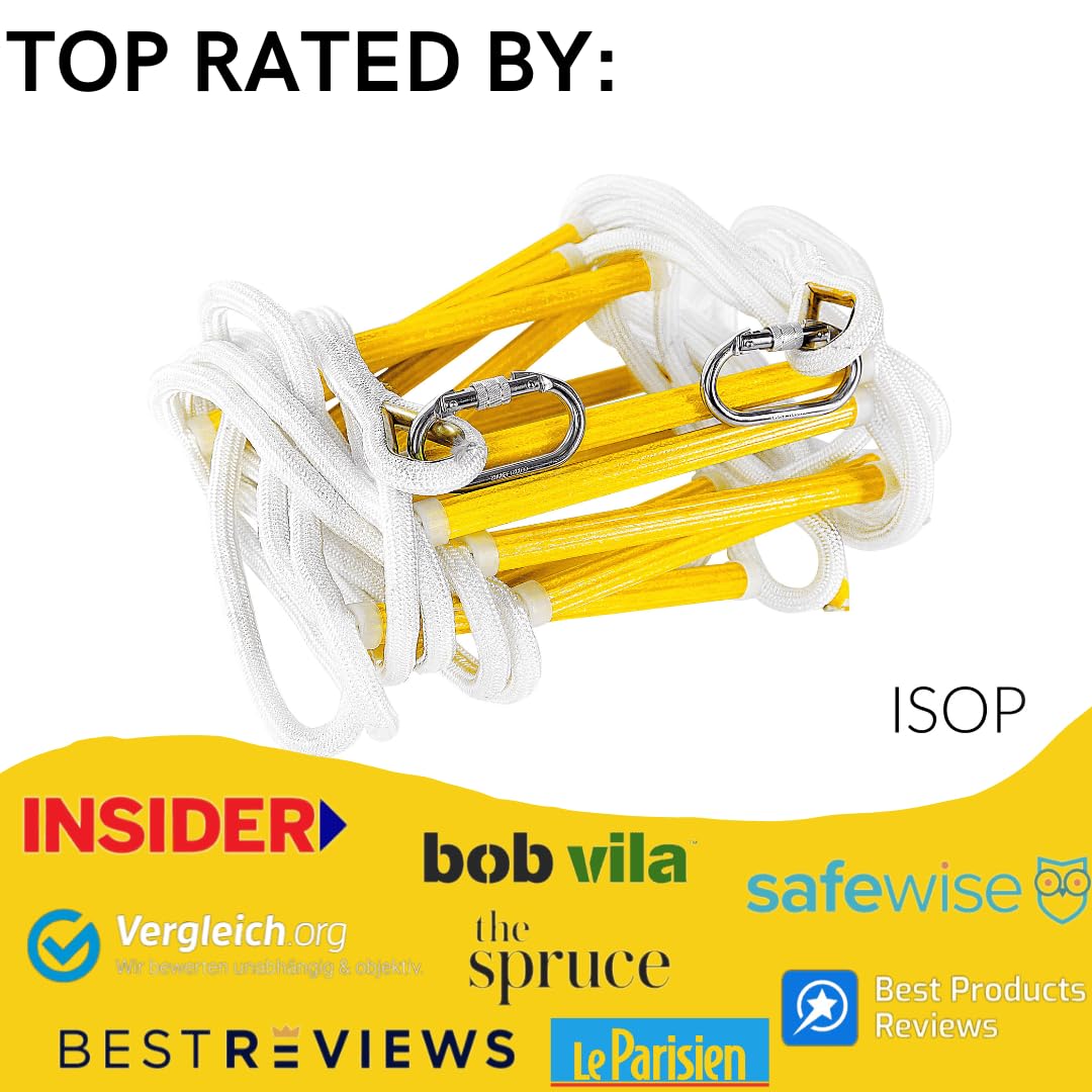 Isop Fire Evacuation Rope Ladder 4 Story 32Ft With Fall Arrest System & Spring Hooks - Rescue Ladders For 4-Story Homes - Fireproof & Weather Resistant - Escape Ladder 10M