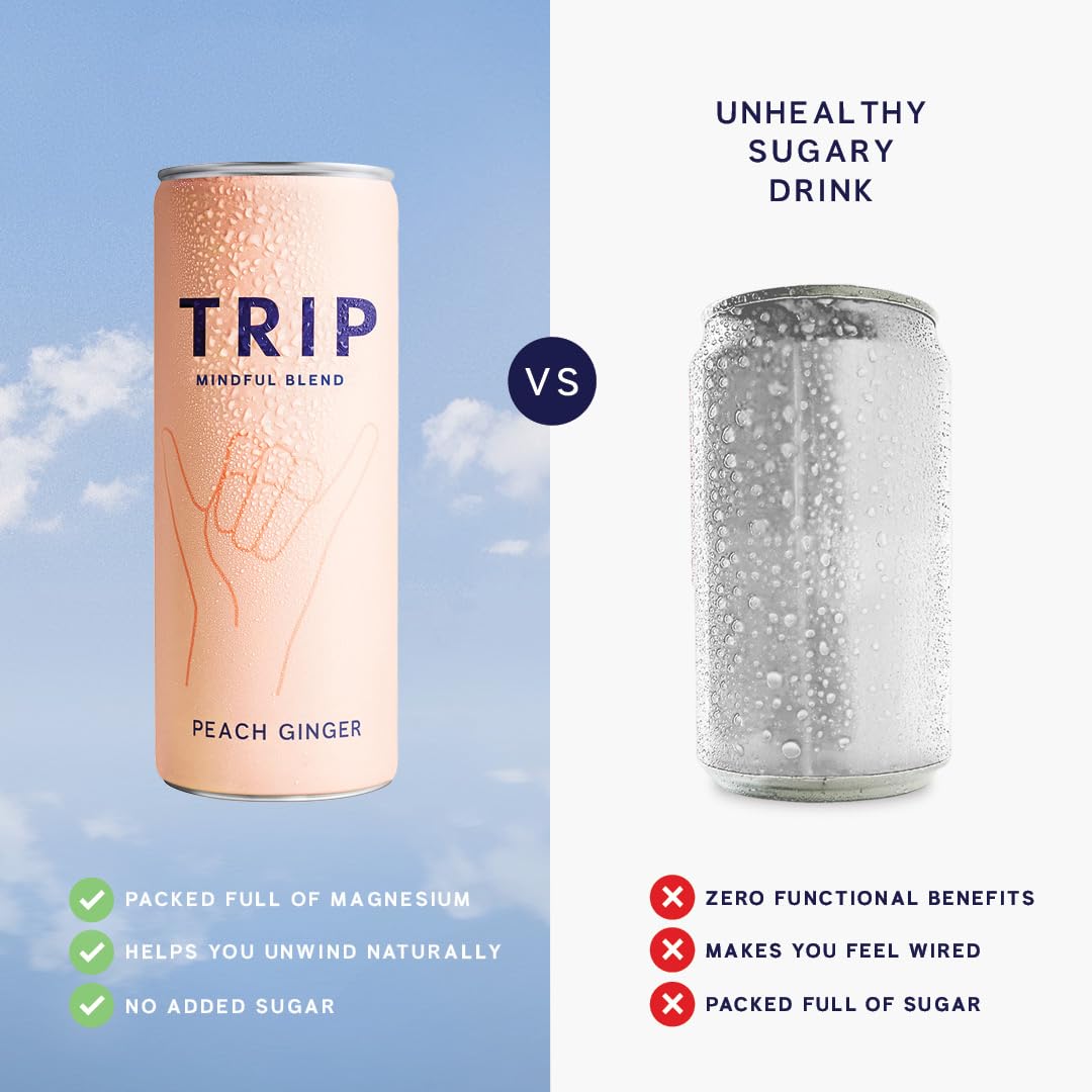 TRIP Adaptogen Seltzer, Peach Ginger, Lightly Sparkling, 12 Fl Oz, Pack of 12, Vegan, No Added Sugar