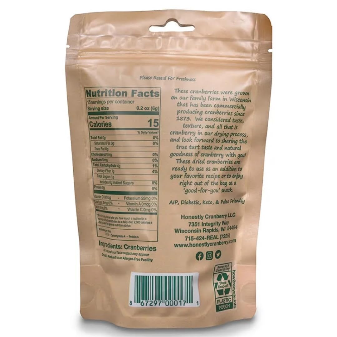 Honestly Cranberry - Unsweetened Dried Cranberries - No Added Sugars, Juices, Or Oils - Non-Gmo - Wisconsin Grown (6-3 Oz)