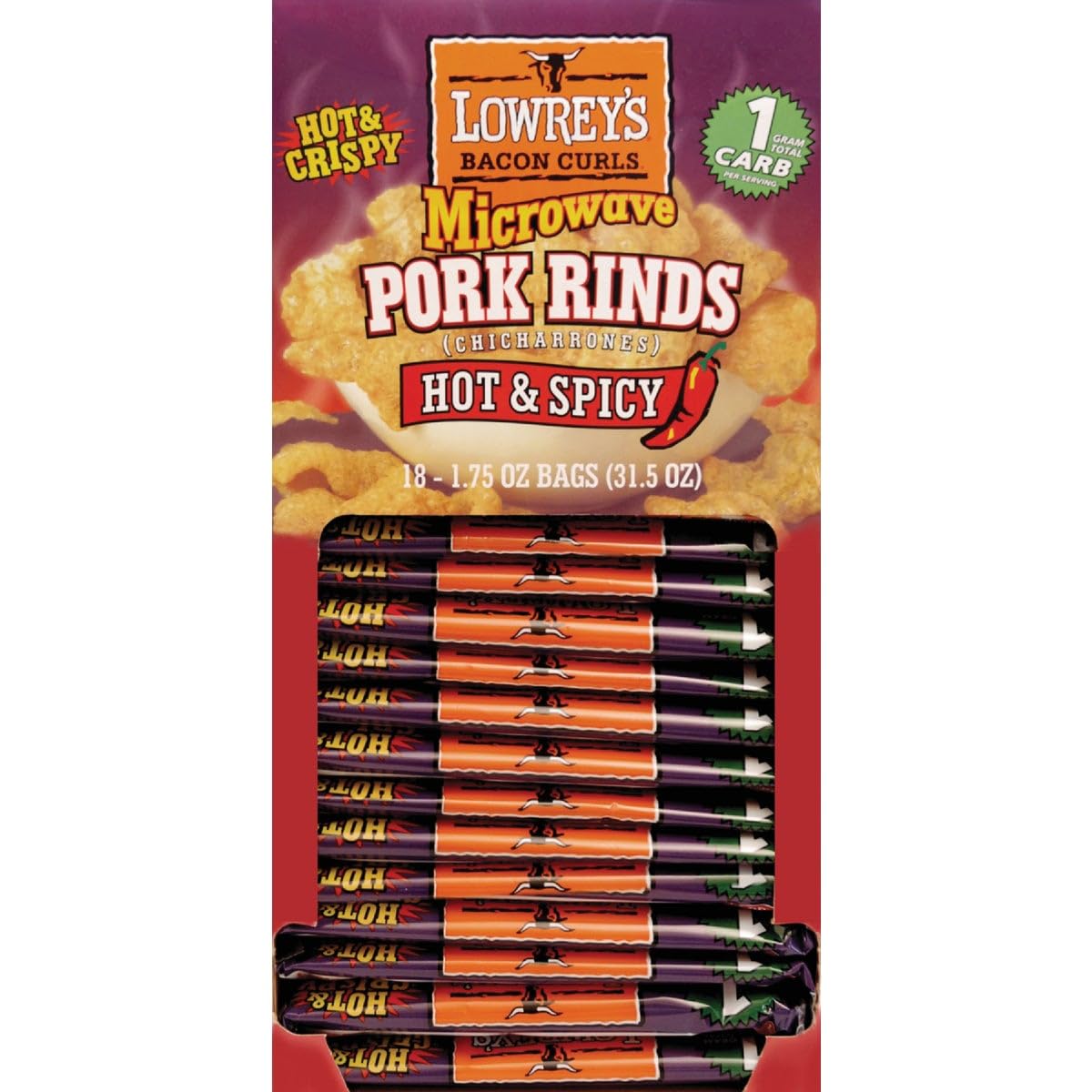 Lowreys Hot and Spicy Microwave Pork Rinds 1.75 oz. Packet - Case of: 18;18