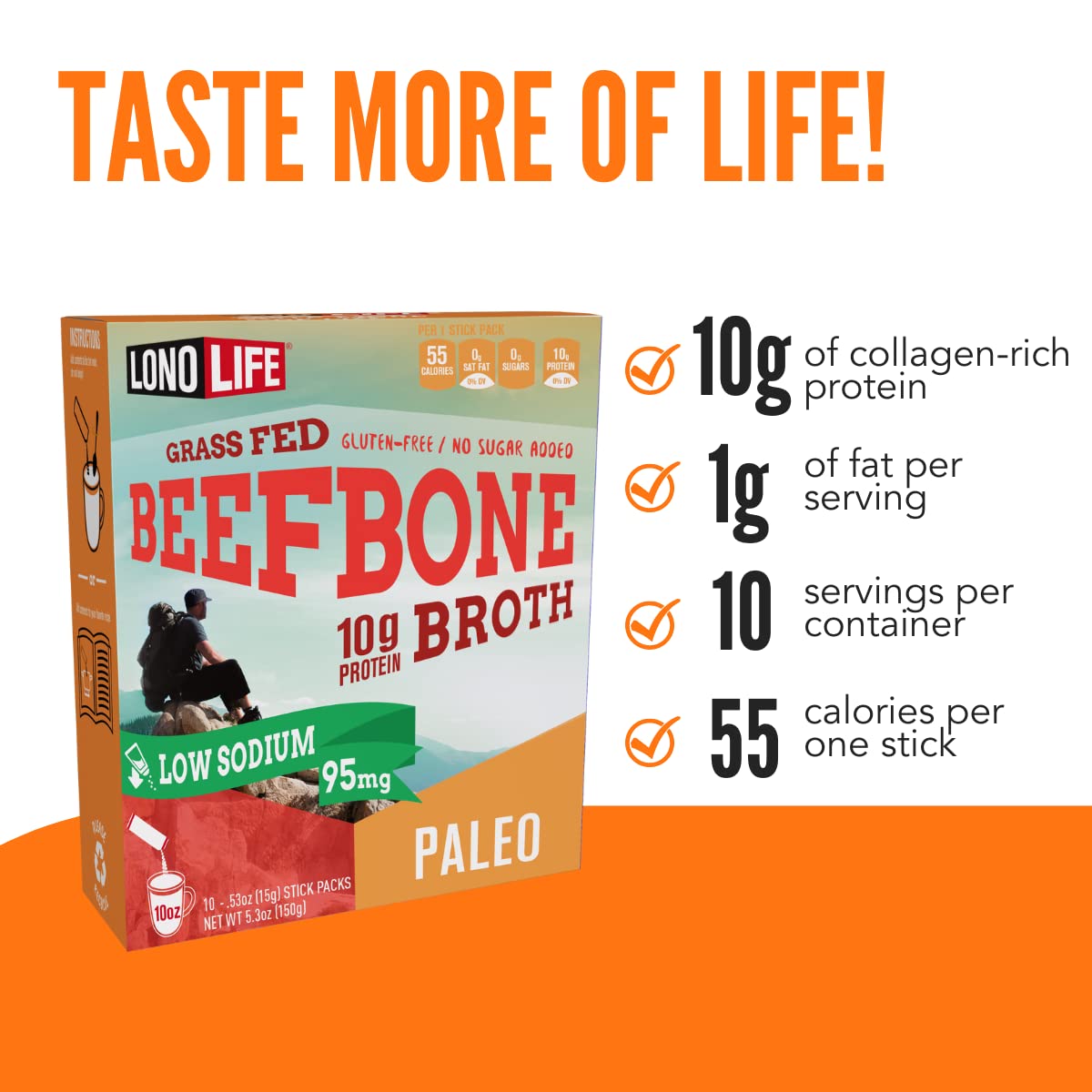 Lonolife Low Sodium Beef Bone Broth Powder Mix | Grass-Fed, 10G Protein | Collagen-Rich, Keto & Paleo Friendly | Natural Ingredi