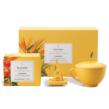 Tea Forte Paradis 3-Piece Premium Tea Gift Set with Mango Yellow Cafe Cup with Lid, Tea Tray and 10 Assorted 2 of Each Variety O
