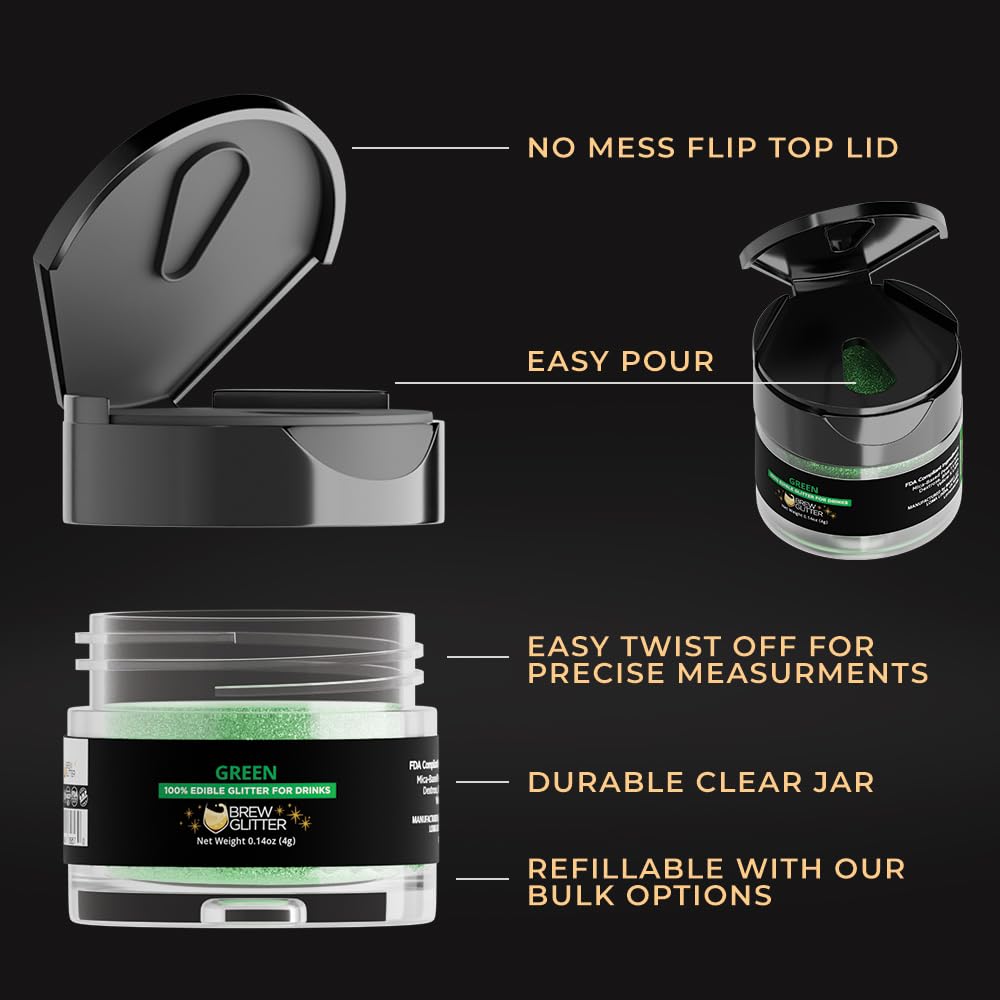 Bakell Brew Glitter - Green Edible Drink Glitter, 4g Shaker Jar, for Cocktails, Beverages