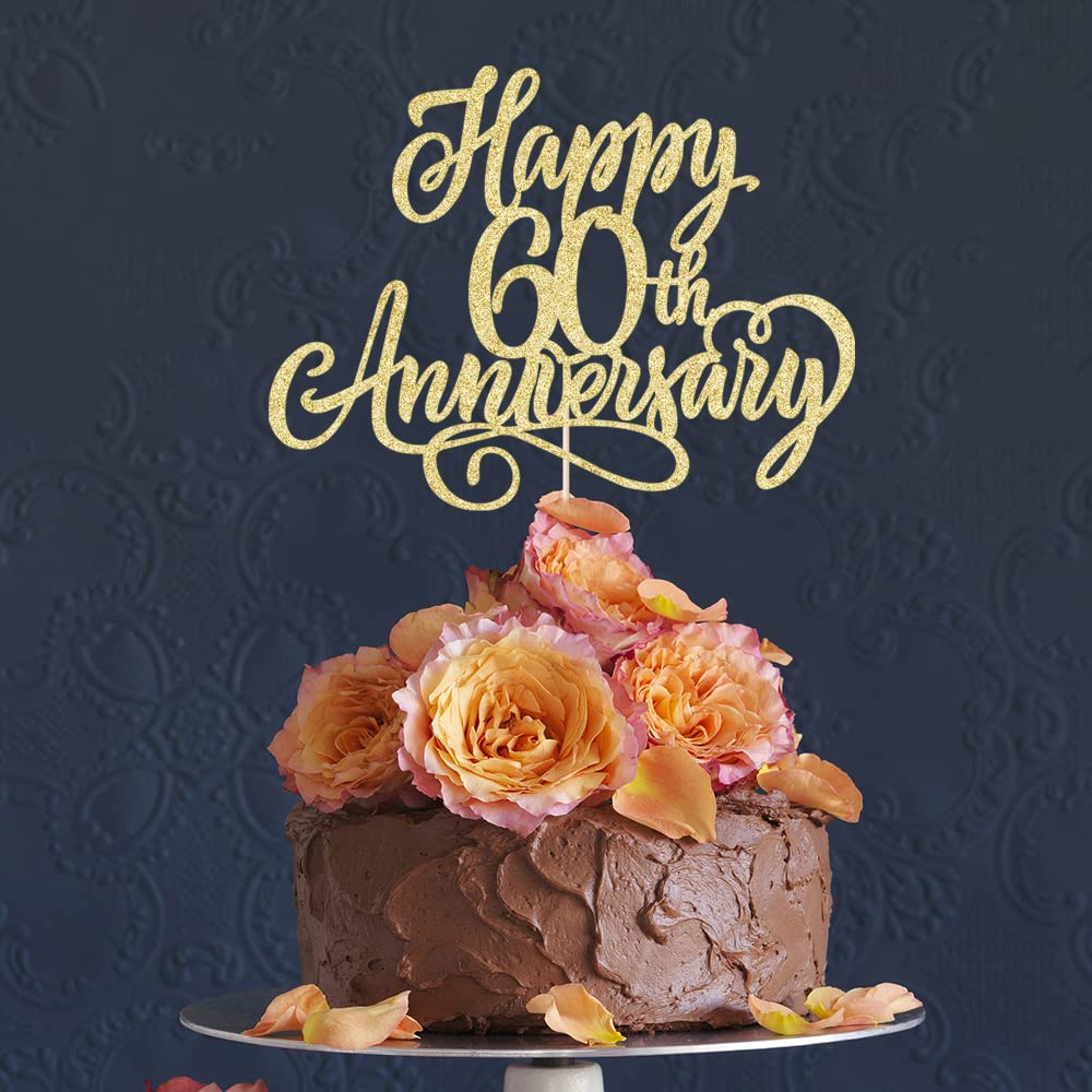 Arokippry Golden Glitter Happy 60Th Anniversary Cake Topper - 60Th Wedding/Company/Birthday Party Decoration