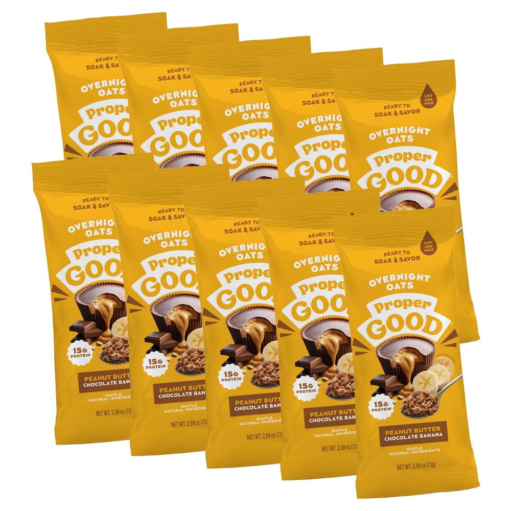 Proper Good PB Chocolate Banana Overnight Oats - Delicious Breakfast with 15g Protein per Serving - Easy Meals, Natural Ingredie