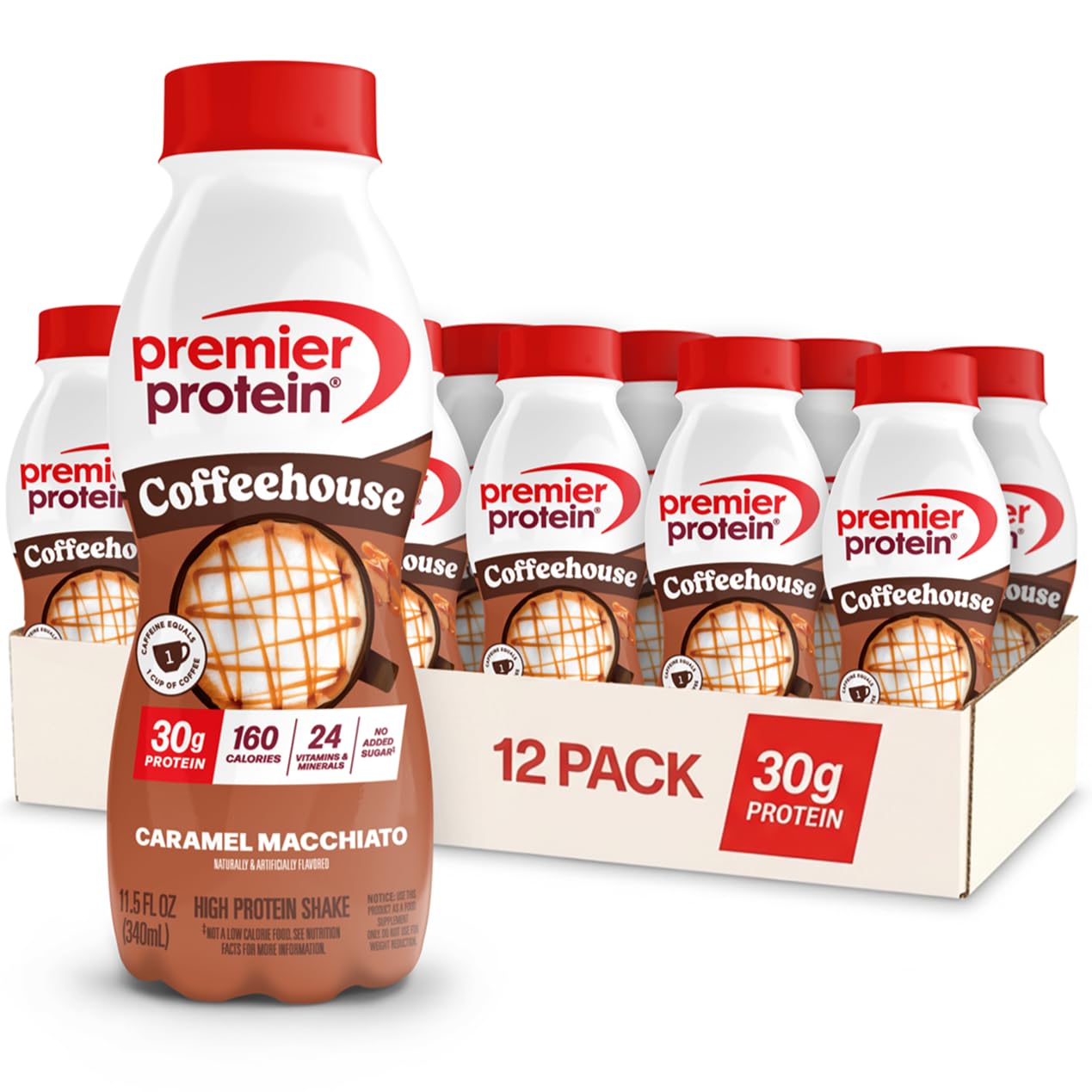Premier Protein Coffeehouse Caramel Macchiato Protein Shake With Energy Blend For Energy - 30G Protein No Added Sugar 24 Vitamins & Minerals 11.5 Fl Oz 12 Pack