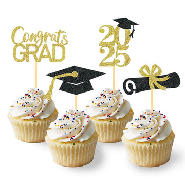 24Pcs Graduation Cupcake Toppers, Graduation Cupcake Picks For Cupcake Food Decorations - Class Of 2025 Cupcake Toppers Supplies (Gold)