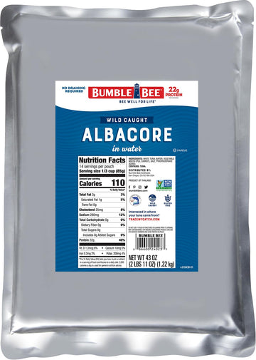 Bumble Bee Chunk White Albacore Tuna in Water, 43 oz Bulk Food Service Pouch - Wild Caught Tuna Packet - 22g Protein per Serving