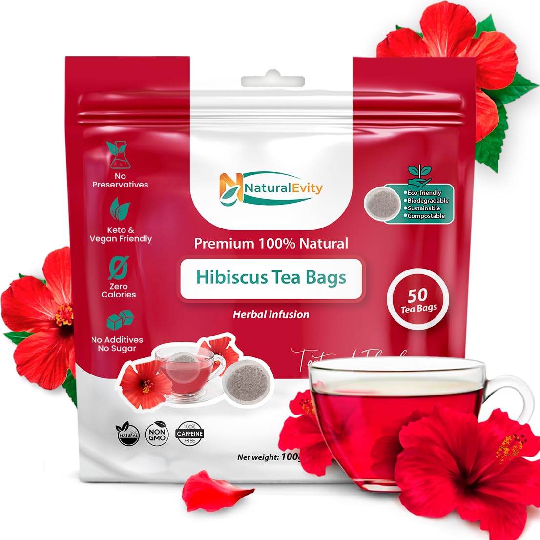 Hibiscus Tea Bags (50 Count) - Flor De Jamaica Herbal Tea Energy Blend-Free Hibiscus Tea Antioxidant-Rich & Non-Gmo - Naturalevity - Ayurveda Inspired.