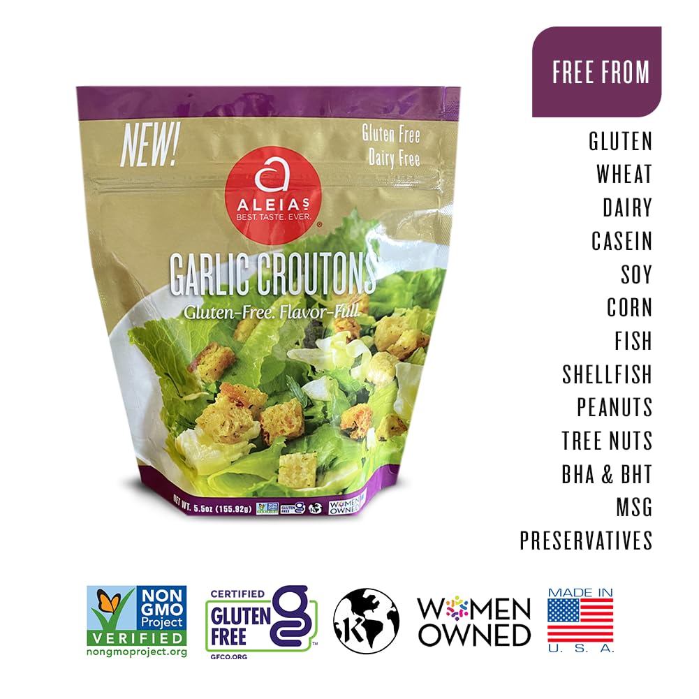 Aleia'S Best. Taste. Ever. Garlic Croutons - 5.5 Oz / 3 Pack - Seasoned Croutons For Salads And Soups, Gluten-Free, Dairy-Free, Soy-Free, Low Sodium, No Msg, No Preservatives, Kosher