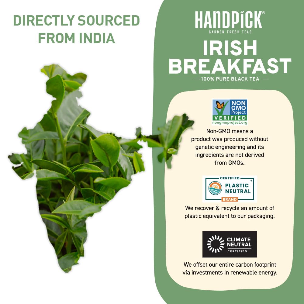 Handpick, Irish Breakfast Black Tea Bags (100 Count) Gluten-Free, Non-Gmo | Strong, Robust & Bold Flavor | Round Eco-Conscious T