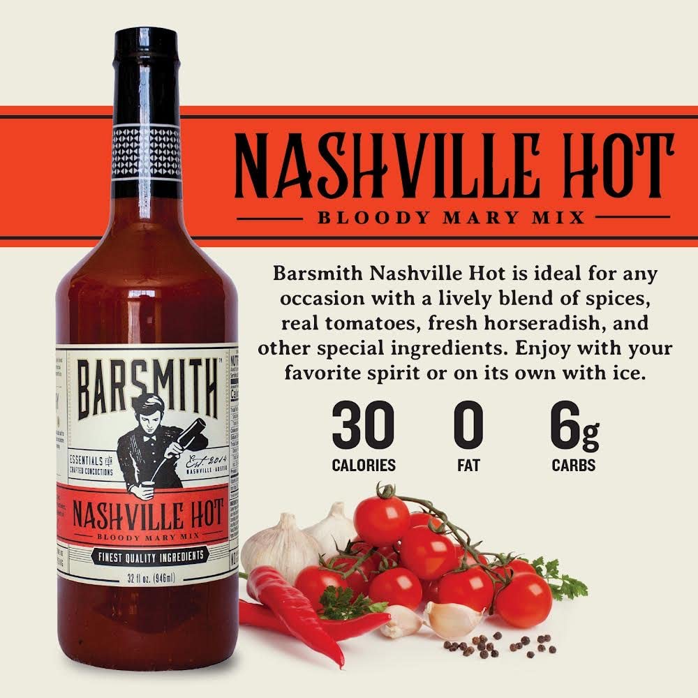 Barsmith Bar Essentials Nashville Hot Bloody Mary Mix, Lively Blend of Tomatoes, Horseradish and Spices, 32-oz Bottle, Pack of 1