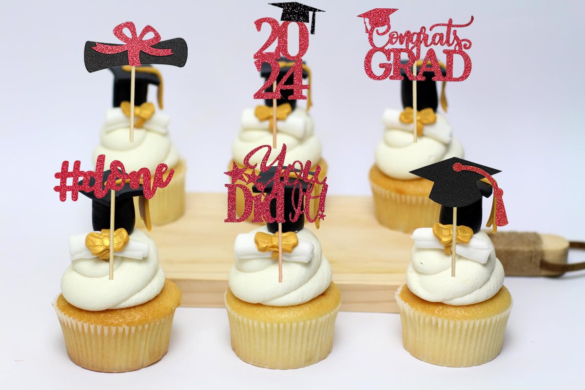 Graduation Cupcake Toppers 2024 Red, Glitter Class Of 2024 Cupcake Toppers Supplies, Class Of 2024 Congrats Grad Cap Diploma Cup