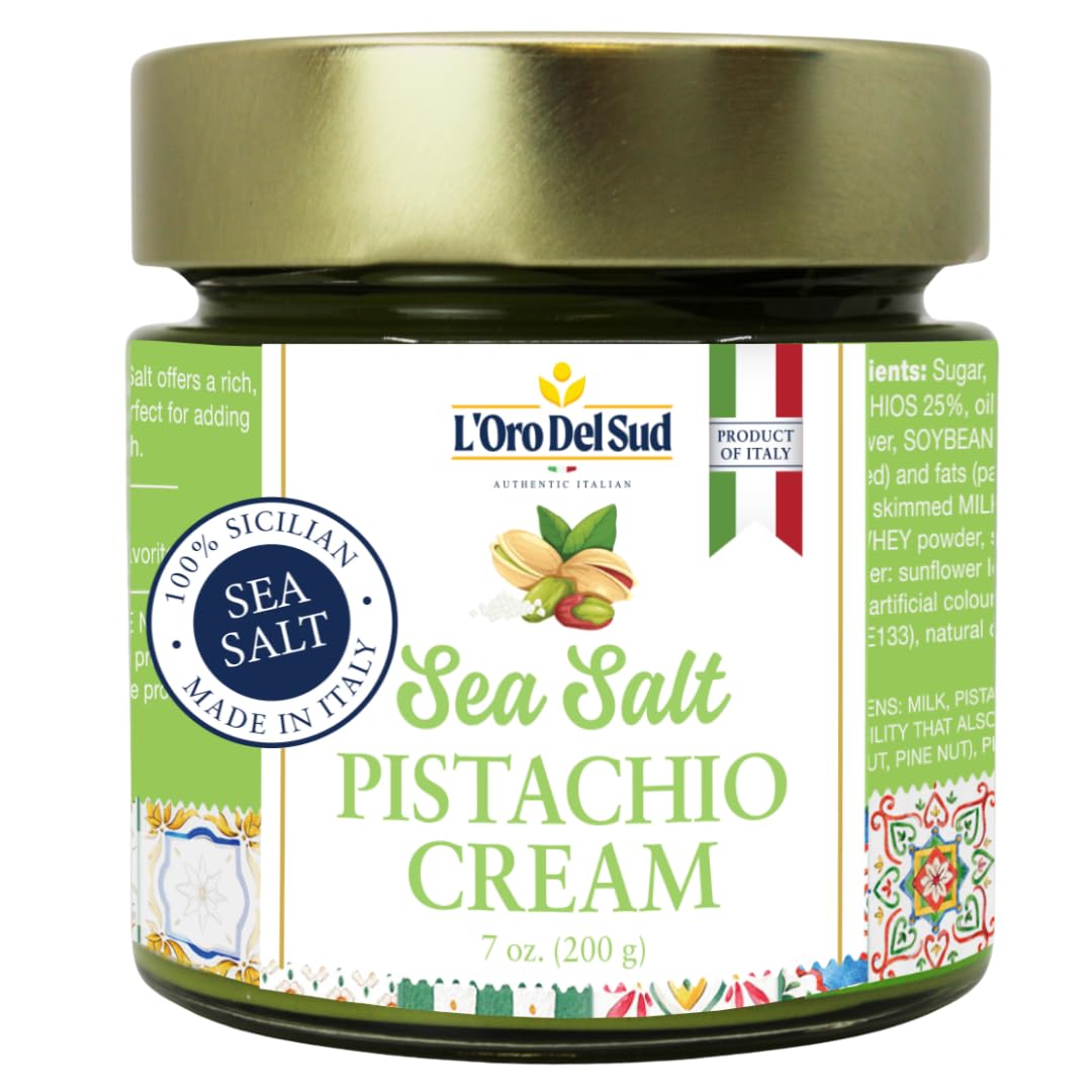 Pistachio Cream with Sea Salt, Sicilian Sweet & Salty Pistachio Spread, 7 oz (200g), Sweet Pistachio Butter, Product of Italy, L