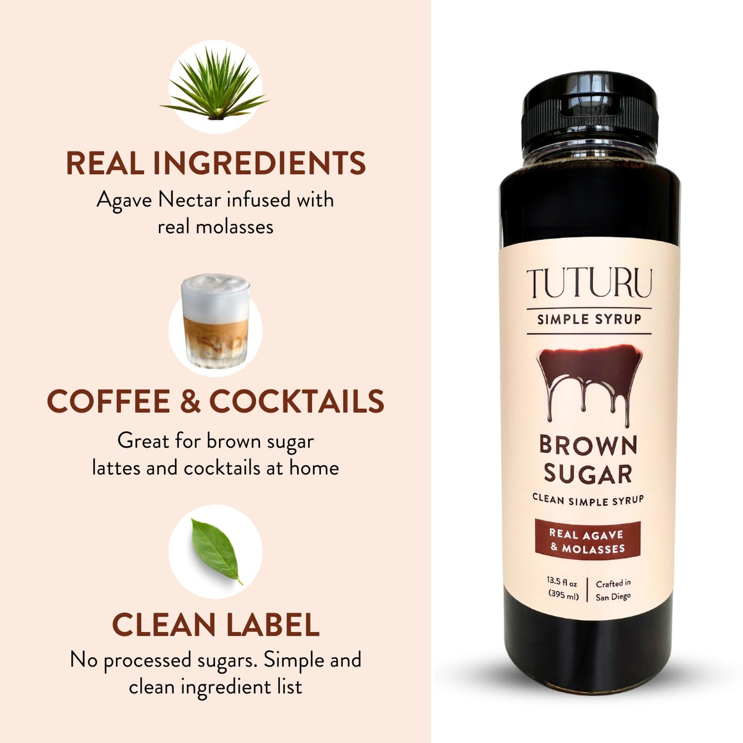 TUTURU Botanical Coffee Brown Sugar Agave Simple Syrup - Sweetened with Raw Agave Nectar, 13.5 Fl Oz