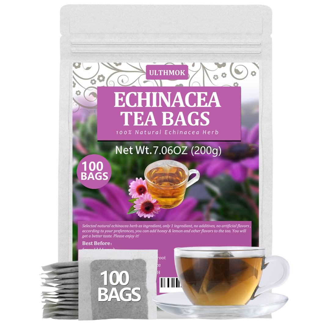 Top-Grade 100 Echinacea Tea Bags Made With 100% Natural Echinacea Purpurea Flower & Herb Aid Digestion & Boost Immunity No Additives & Energy Blend Free.