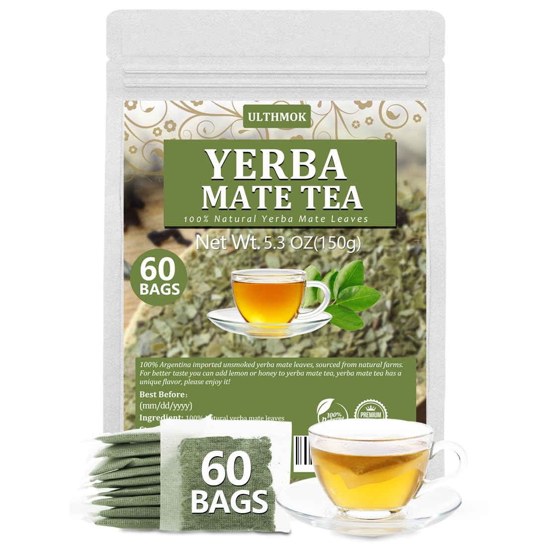 Top-Grade 60 Unrich Flavor Yerba Mate Tea Bags Made With 100% Pure Yerba Mate Leaves No Additives & Energy Blend Free.