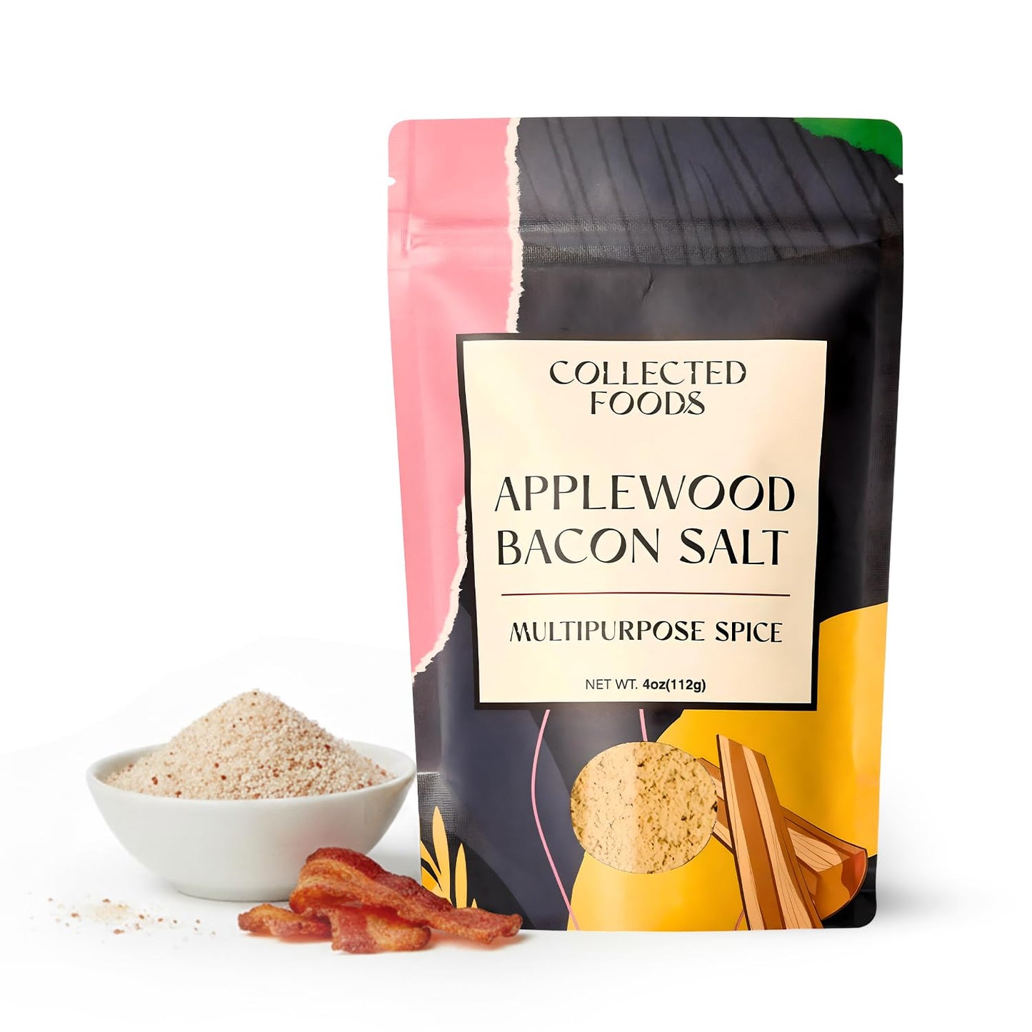 Collected Foods Top-High Standardpplewood Rich Flavor Bacon Salt Seasoning - All-Natural Gluten-Free Non-Gmo | Flavored Salt For Chicken Steak Eggs Vegetables Soups & More - 4Oz