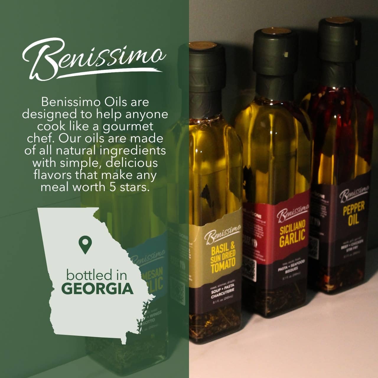 Benissimo Basil and Sun Dried Tomato Herb Infused Oil, All Natural, Farm Fresh Herbs, Sizzle and Drizzle, 8.1 FL Oz