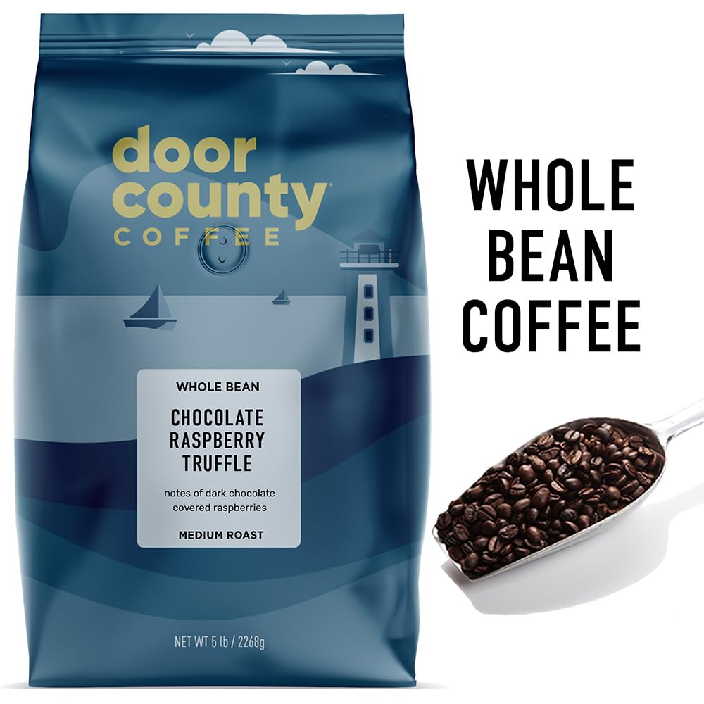 Door County Coffee Chocolate Raspberry Truffle Flavored Coffee Whole Bean | 5Lb Bag | Medium Roast | 100% Specialty Arabica Coffee | Gourmet Coffee | Dark Chocolate Covered Raspberry Flavored Coffee