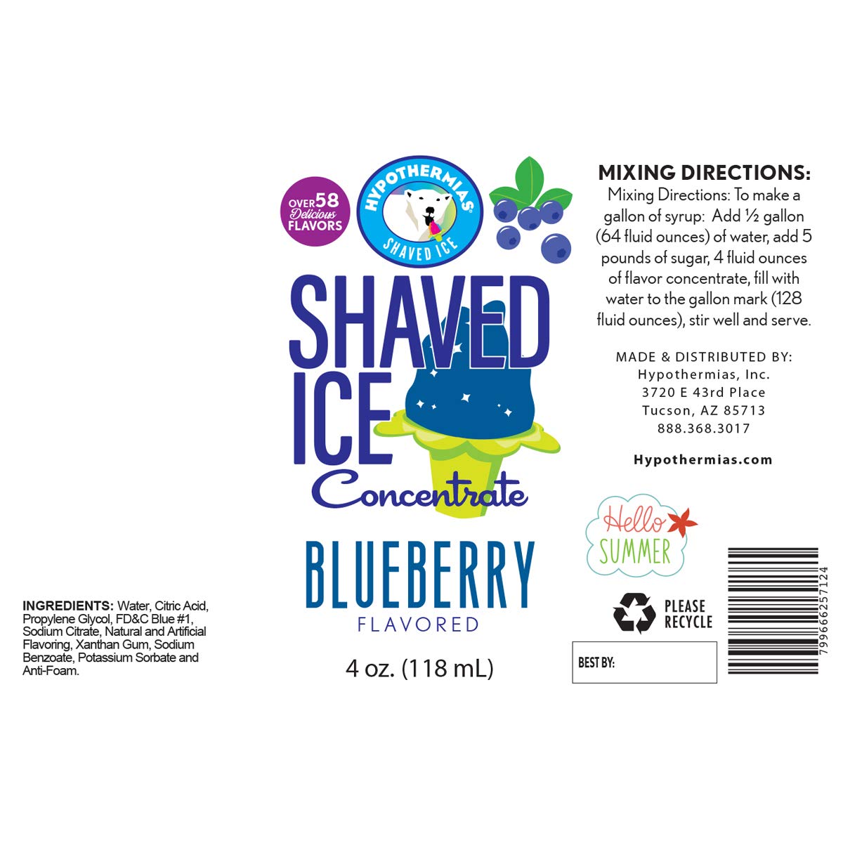 Hypothermias Shaved Ice And Snow Cone Syrup Unsweetened Flavor Concentrate - 4 Fl. Oz - Makes 1 Gallon Of Syrup - Blueberry - Mu