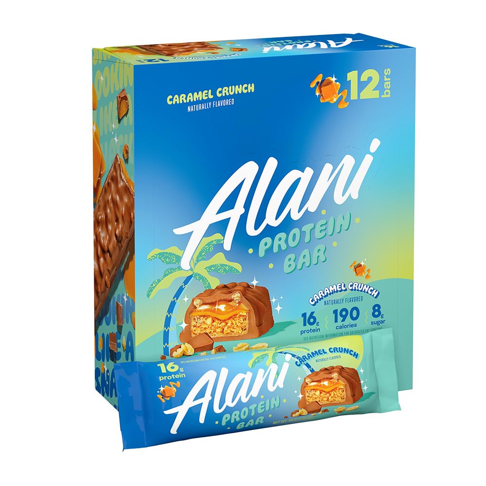 Alani Nu Protein Bars CARAMEL CRUNCH | High Protein Gluten-Free Bars | 16g Protein | Low-Sugar (7G) Low-Carb Healthy Snacks | 12