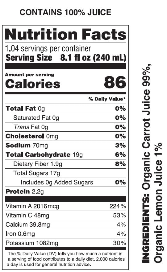 Pomona Organic Carrot Juice, Cold Pressed Usda Organic Juices, 100% Carrots, No Added Sugar, Not From Concentrate, Vegan, Kosher, Non Gmo, Pasteurized, 8.4 Ounce (Pack Of 12)