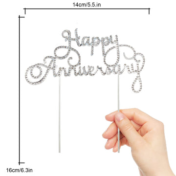 Happy Anniversary Cake Topper Wedding Anniversary Crystal Rhinestone Party Decoration Silver (Silver)
