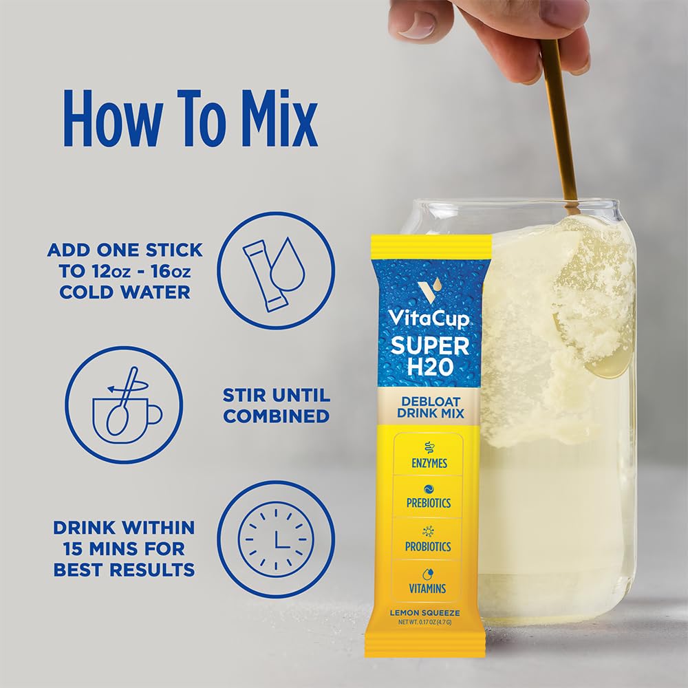 Vitacup Super H2O Bloating Relief And Digestive Health Drink Mix Packets, Probiotics, Prebiotics, C & B Vitamins, Lemon Flavor W