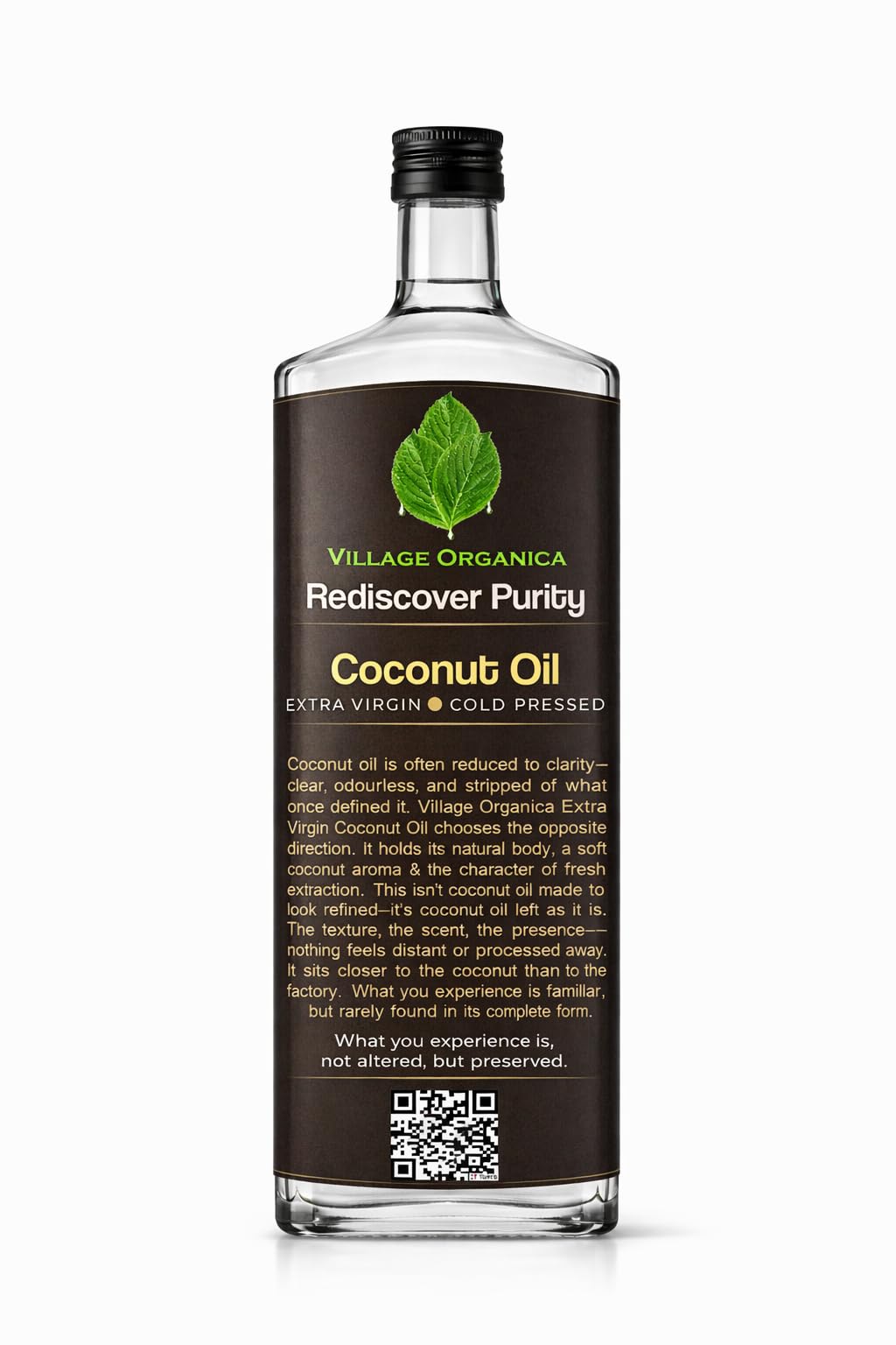 Village-Organica Extra Virgin Coconut Oil, Edible Cold Pressed Coconut Oil, Pure Virgin Oil In Glass Bottle, Organic Coconut Oil