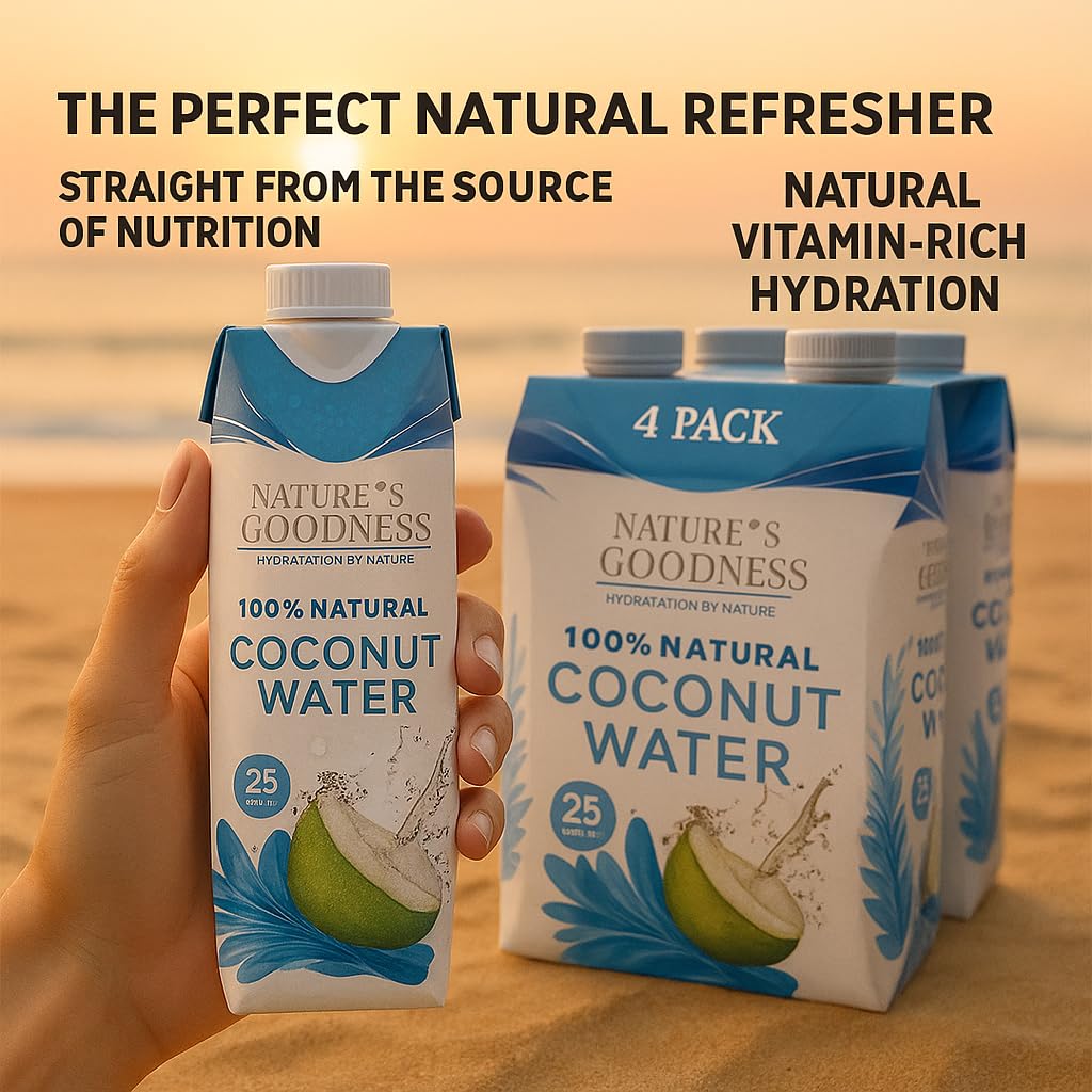 Natures Goodness Coconut Water No Sugar Added - Unsweetened Fat Free Plant-Based Electrolyte Drink - 4 Pack 44.8 Fl Oz Total (4 x 330 ml) - Hydration Support for Fitness Smoothies and Everyday Wellness