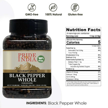 Pride Of India - Black Peppercorn Whole - Gourmet & Culinary Spice - Full Bodied, Dried & Flavorful - Preservatives & Gluten Fre